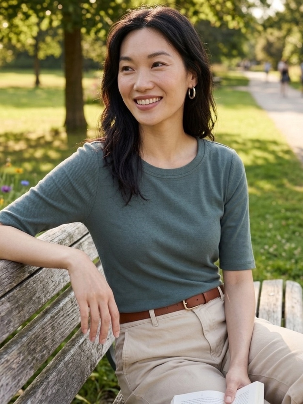 NWT Banana Republic Elbow Sleeve Crewneck Top in Slate Green L Elevated Basics